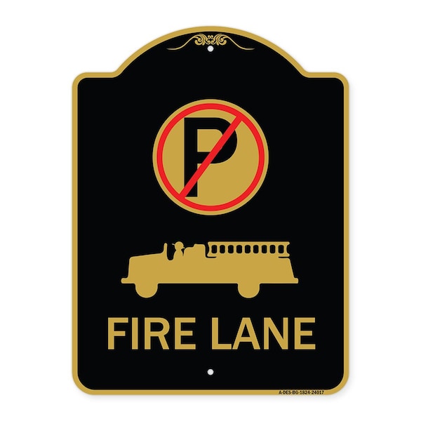 Signmission Fire Lane W/ No Parking & Graphic, Black & Gold Aluminum Sign, 18" x 24", BG-1824-24017 A-DES-BG-1824-24017 - main